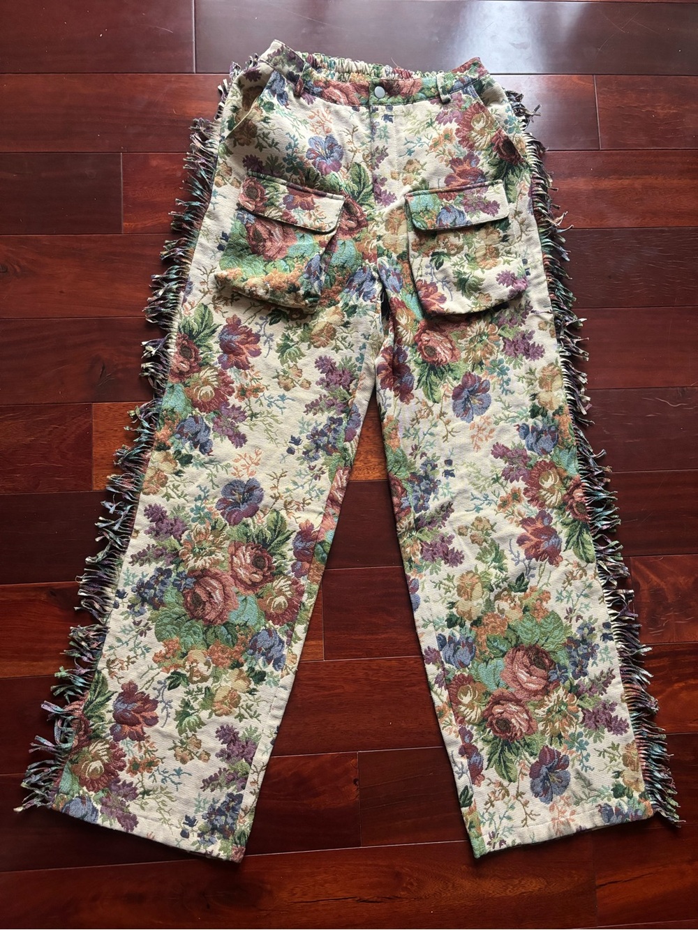 Cream Floral Tapestry Fringe Pants Size Medium
